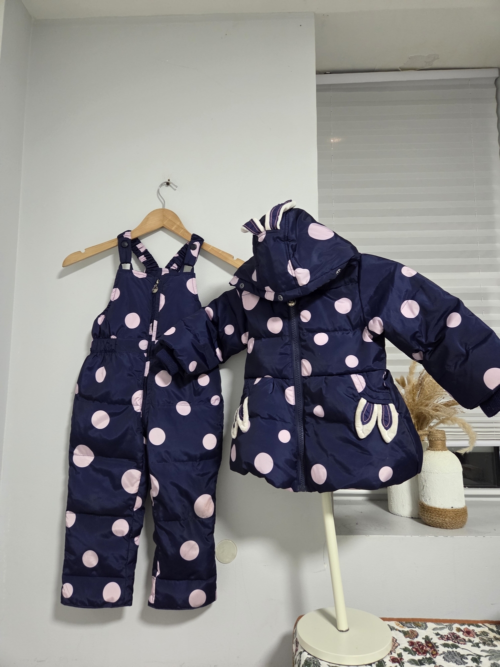 Navy Blue Polka Dot Girls Winter Jacket & Snow Bib Set Sz 2-3T